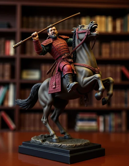 A highly detailed, professionally captured RAW image of a Chinese warrior from the Romance of the Three Kingdoms, charging into the enemy camp on horseback and roaring. The base is rectangular. The figure holds the reins of the horse in his left hand and  weapon in his right. He is wearing red armor, with sharp eyes and a beard. The horse is baring its teeth and has its eyes wide open, giving it a realistic sense of movement that makes it seem as if it could move at any moment. The armor is also highly detailed. The horse's neighing is full of dynamism, as if the warrior's roar could be heard at any moment. The statue is placed on a library table. The library's bookshelves can be seen in the background. <lora:FLUX.1d_-_Miniatures:1> <lora:Flux.1_Turbo_Detailer:1>,polearm(1.3),polesword(1.3),