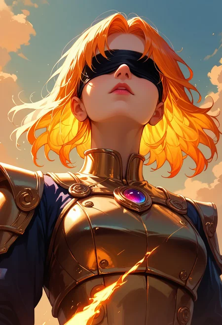 score_9,score_8_up,score_7_up,score_6_up,source_anime, hi res, masterpiece, best quality, highres, subsurface scattering, sss, ((glowing colors)), a beautiful blindfolded woman, wearing a suit of armor, looking up, very low angle, two tone lighting, glowing hair