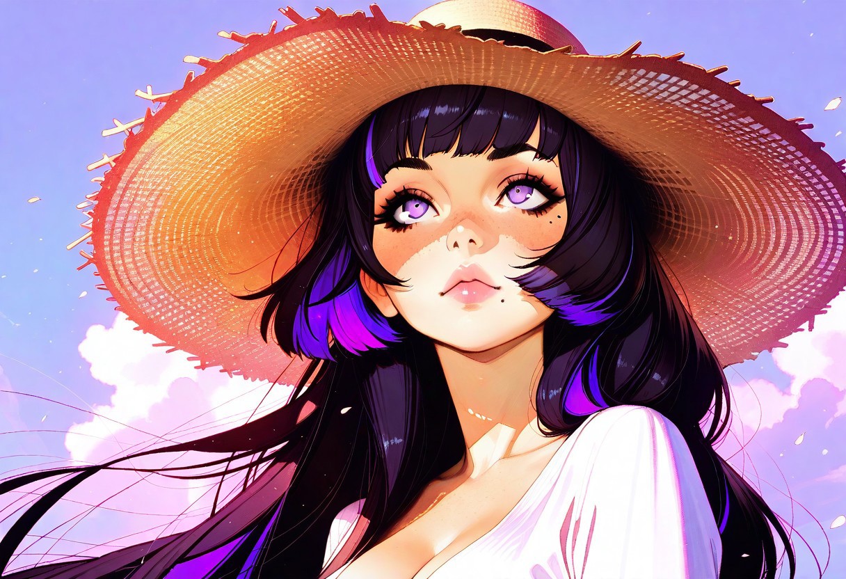 ilya kuvshinov,diathorn,
masterpiece,best quality,amazing quality,
1girl,eyelashes,face,freckles,hat,light particles,lips,lipstick,makeup,mole,mole under eye,mole under mouth,purple eyes,solo,straw hat,wind,looking up,cleavage,very long hair,multicolored hair,