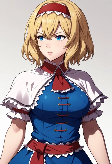 awakeningportraits, portraits,
1girl, alice margatroid, medium hair, blonde hair, blue eyes, ,red hairband,
frilled hairband,
white capelet, blue dress, frilled dress, frilled ascot, red ascot, puffy short sleeves,
toned, curvy, large breasts,
upper body,
from side,
looking ahead,
serious,
white background,
gradient background,