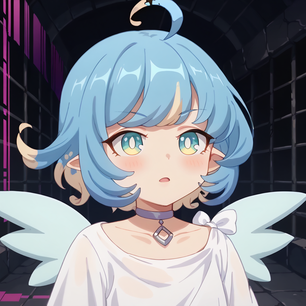 score_9, score_8_up, score_7_up, source_anime, anime screencap, masterpiece, insanely detailed, detailed background, zPDXL3, break, amy_(princess_connect), 1girl, wings, solo, ahoge, short hair, blue hair, multicolored hair, pointy ears,white dress,choker,((glitch)), dungeon,chromatic aberration