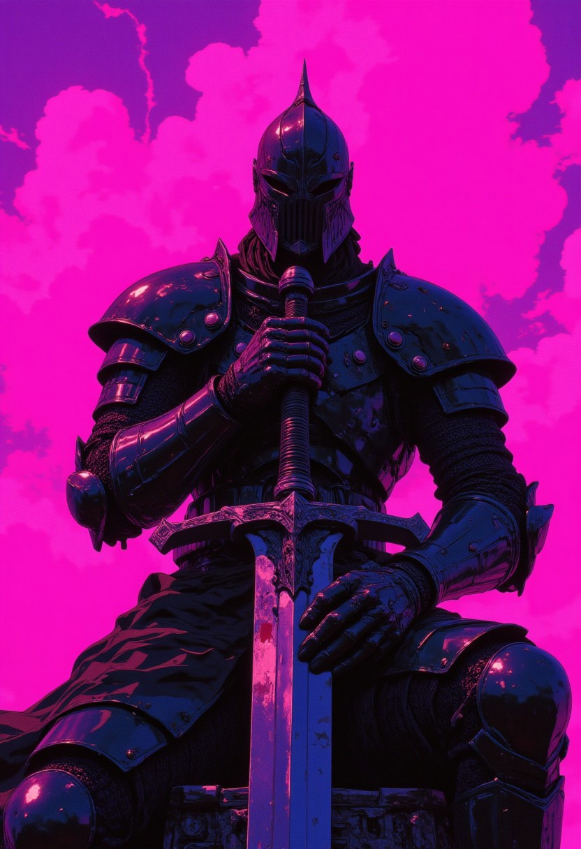 cinematic film still award winning photo .Stark Pink and purple sky with a black armored knight resting his arms on a large sword.shallow depth of field, vignette, highly detailed, high budget, bokeh, cinemascope, moody, epic, gorgeous, film grain, grainy,anime, cyberpunk, Comic book style,CAICO
