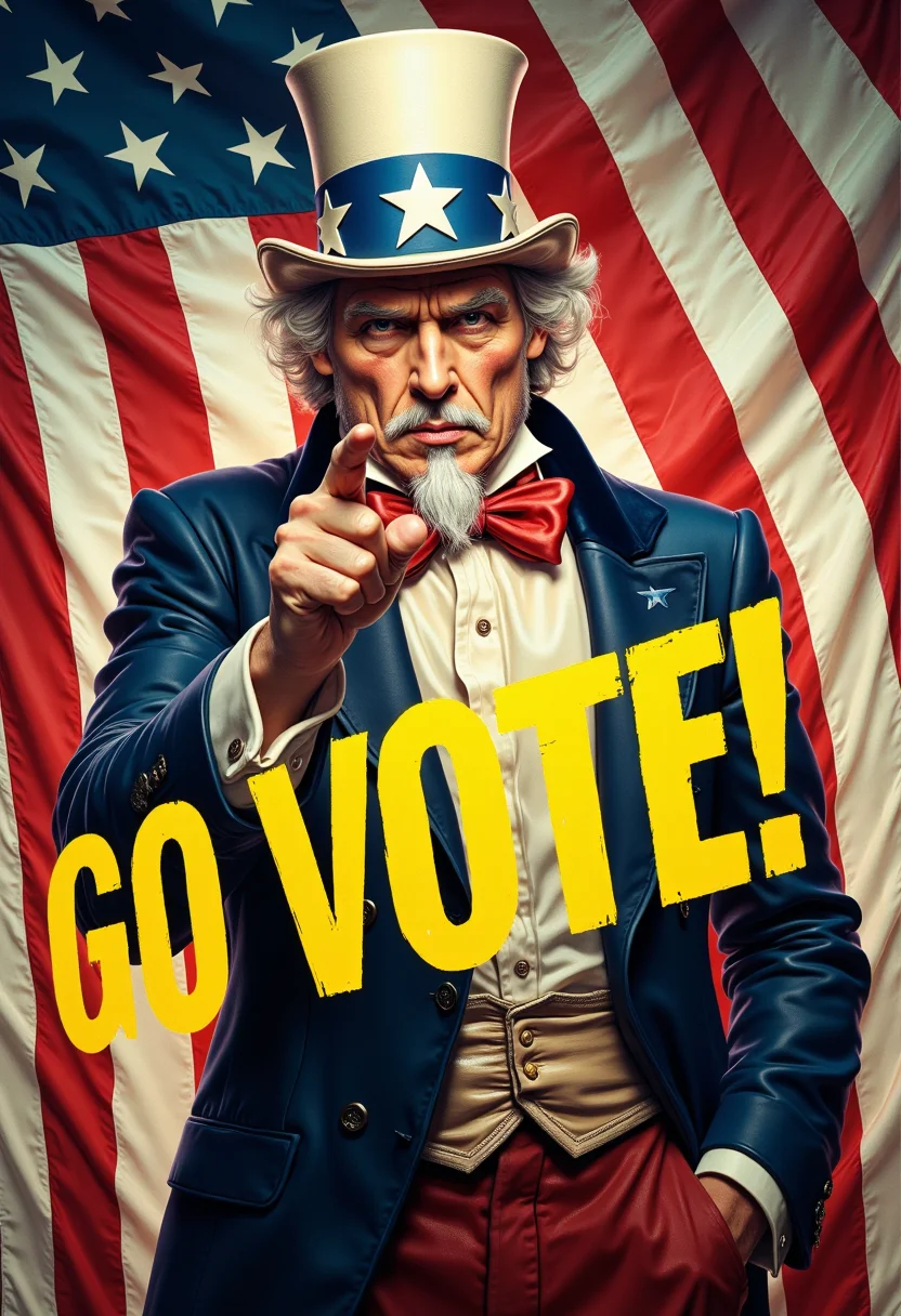 A larger-than-life figure stands before the viewer, clad in a crisp, tailored tuxedo with coattails that billow dramatically in an unseen breeze. His face is instantly recognizable - the sharp, angular features, the bushy white eyebrows, and the distinctive goatee that frames his stern expression. Perched atop his head is the classic Uncle Sam top hat, its brim casting a dramatic shadow over his piercing gaze.
With one hand raised, his index finger extended in a commanding gesture, Uncle Sam appears to be pointing directly at the viewer, his expression a mix of stern determination and unwavering patriotism. The background is a swirling vortex of red, white, and blue, the colors of the American flag, lending an air of gravity and importance to the scene.
The overall impression is one of power, authority, and a call to action. Uncle Sam, the embodiment of American ideals and values, stands before the viewer, demanding their attention and imploring them to heed his message. His gaze is intense, his posture unyielding, and the sense of purpose radiating from him is palpable.
This is no mere caricature or cartoon - this is a larger-than-life figure, a symbol of a nation's strength and resolve, dressed in the trappings of the elite but wielding the authority of the common man. The viewer is left with a sense of awe, respect, and a deep-seated desire to answer the call to service that Uncle Sam's outstretched finger seems to beckon.