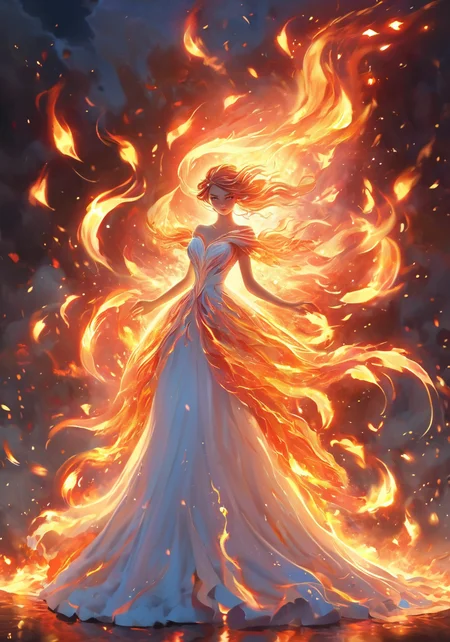 (Masterpiece, high quality, best quality, official art, beauty and aesthetics:1.2),<lora:xl-shanbailing-1003fire-000010:0.8>,(1girl:1.3),(fire element:1.1),composed of fire elements,a girl wrapped in flames soaring flames radiating sparks,formal_dress,wedding_dress,