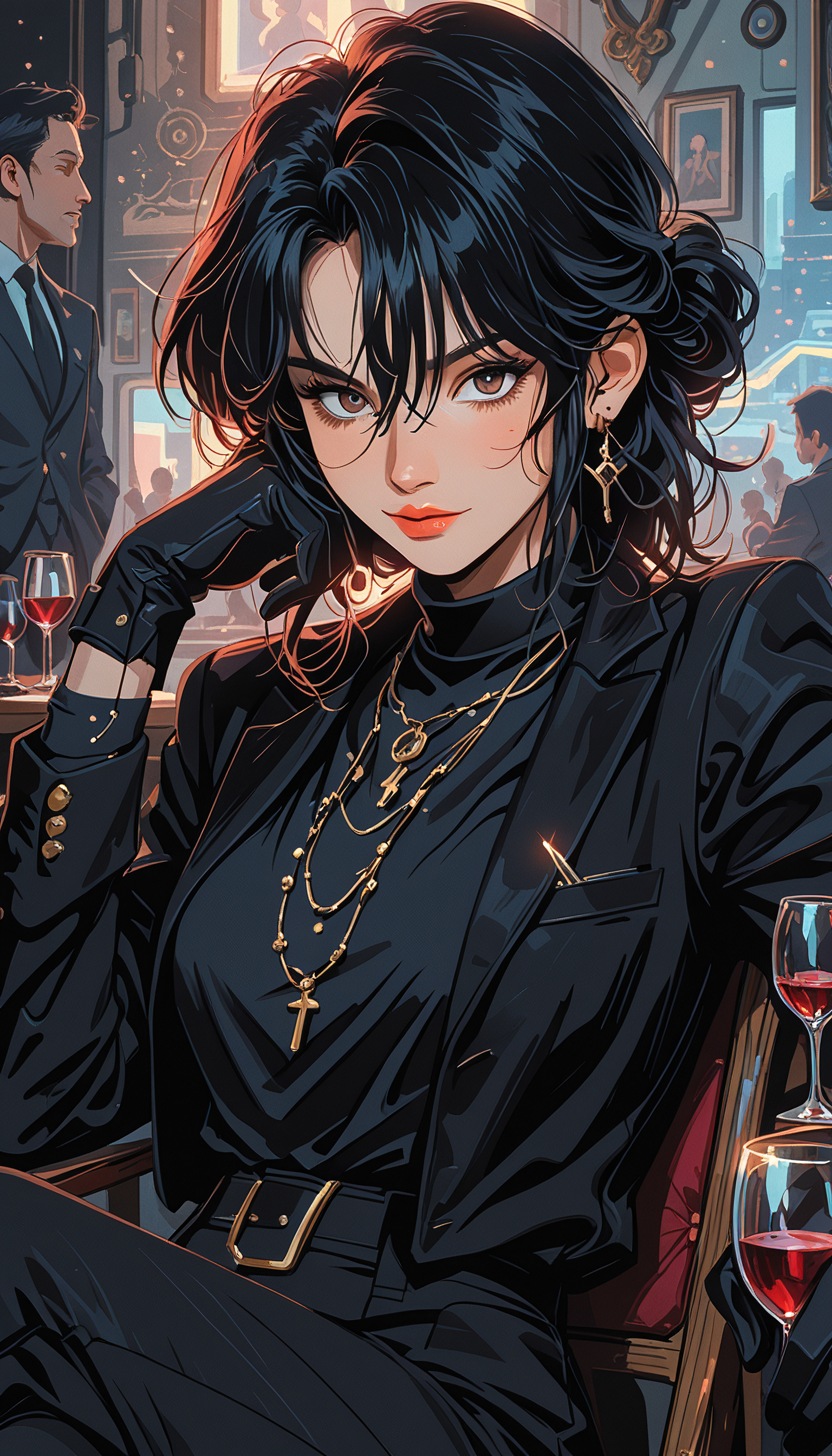 masterpiece, Shinkaistyle,
pinkretroanime, retro art,
Cyberpunk Style, cyberpunk, science fiction, hi tech, future tech, neon, (Cybernetics:1.25), (Neon Cityscape:1.4), (lineless:1.5), smooth edges, (lighten the face:1.5), tall body, slender body, fit body, long legs, The image portrays a captivating scene featuring a female anime character as the central figure. She sits in a vintage-style café, her attention focused intently on something outside the frame, indicating a moment of deep thought or observation. Her attire is formal, with a dark blazer and what appears to be a classic necktie, suggesting she may have recently arrived from a professional setting or event. The character's expression is serious, her lips slightly parted as if in the middle of speaking, indicating she could be engaged in conversation. Her hair, styled in loose curls, frames her face, and her eyes are wide open, reflecting the intensity of her focus. Around her, the café is populated with other patrons seated at their tables, adding a sense of ambiance to the scene. The background features a well-lit bar area with various bottles and decorative items visible on the shelves behind her, contributing to an atmosphere of sophistication. The overall lighting in the image is soft and subdued, casting gentle shadows that highlight the character's features and the textures within the café setting. Please note that this description is based on the provided image and does not include any speculative or fictional elements., 1girl, solo, long hair, breasts, looking at viewer, blush, smile, short hair, bangs, multiple girls, large breasts, shirt, black hair, gloves, long sleeves, dress, hair between eyes, brown eyes, jewelry, medium breasts, sitting, closed mouth, jacket, ponytail, sidelocks, earrings, multiple boys, open clothes, solo focus, black gloves, collared shirt, pants, indoors, hand up, 2boys, medium hair, necklace, black eyes, black dress, open jacket, cup, lips, coat, black jacket, parted bangs, grey eyes, black shirt, feet out of frame, turtleneck, chair, black pants, formal, table, crossed legs, bottle, suit, cross, light smile, hand on own face, faceless, alcohol, drinking glass, 6+boys, faceless male, head rest, hand on own cheek, red lips, glass, wine glass, cross necklace, multiple others, on chair, wine, cross earrings, picture frame, painting \(object\), elbow rest, people