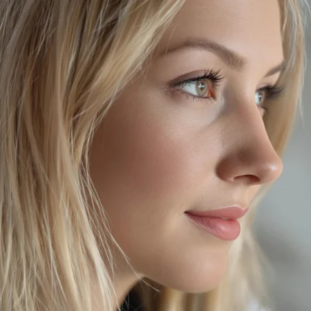 "Side profile close-up blond white Russian woman, blonde hair framing her face, brown eyes locked on the camera, sharp nose,  subtle smile on  soft pink lips straight ahead in a calm expression,, (hyperrealistic:1.3), (photorealistic:1.2), cinematic lighting, ultra-detailed facial features.” straight ahead in a calm expression, (hyperrealistic:1.3), 8k resolution, high dynamic range, intricate face details.”