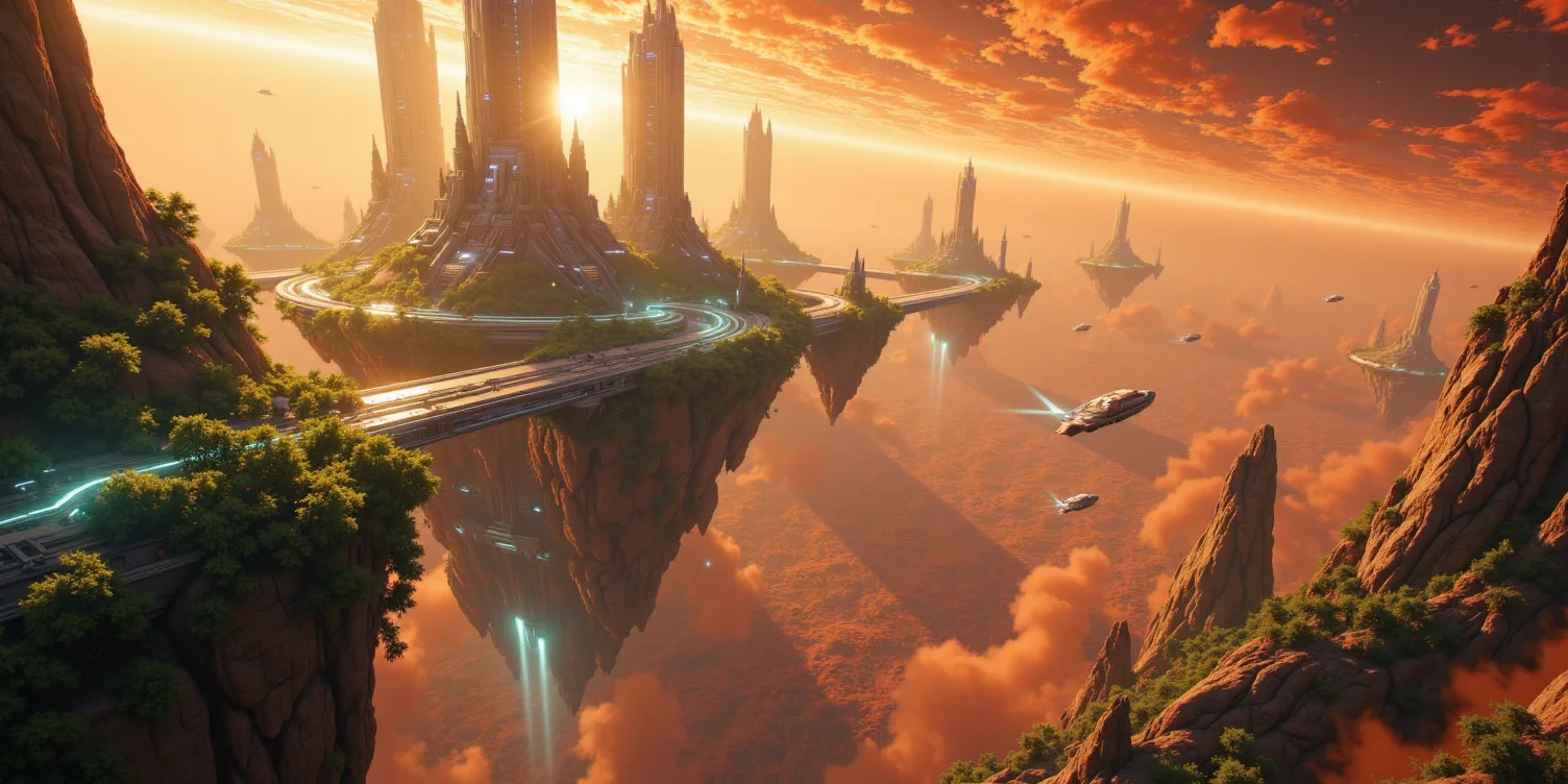 Suspended in the vast expanse of space, a mesmerizing chain of islands drifts serenely in orbit around the red planet, Mars. Each island hovers at a different altitude, their surfaces adorned with lush, emerald foliage that flourishes beneath the glimmering force fields enveloping them like protective shields. The shimmering barriers ripple like liquid light, refracting the harsh glow of distant stars and painting the sky with an ethereal iridescence.
Expansive land bridges connect these celestial wonders, their structures crafted from advanced alloys that gleam under the golden radiance of a nearby sun. Towering skyscrapers, sleek and futuristic, rise like monolithic sentinels from the dense greenery, their crystalline facades pulsing with streams of neon energy. Some seem to touch the heavens, their uppermost floors disappearing into the wisps of cosmic mist that swirl around them.
Above and below, sleek shuttles weave through the intricate pathways of this orbital oasis, descending gracefully toward the Martian surface in choreographed arcs of propulsion and light. Each craft leaves behind a faint, luminescent trail as it navigates through the shimmering force fields, vanishing into the crimson haze that blankets the planet below. The scene is a breathtaking fusion of sci-fi wonder and mystical grandeur, rendered in stunning 8K detail with the magic of Unreal Engine, Octane Render, and the unparalleled realism of ray tracing. It is a vision of a world where technology and fantasy entwine, suspended in the cosmos like an artistâs dream brought to life. <lora:Flux_Detailer_v3:0.8> Jeddtlv3 <lora:Test:0.8> n1t3_du5t