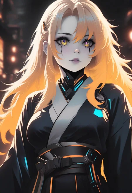 1girl, blonde hair, kimono, CatGirlNeonStyle, pale skin, CatGirlStyle, Smooth Quality, dual tone coloring, adult, cybernetic enhancements