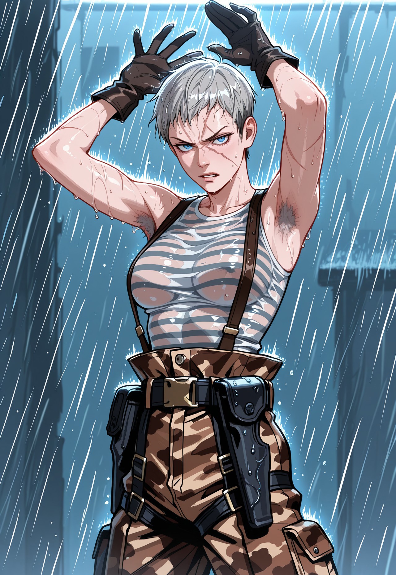 masterpiece, best quality, detailed, realistic, cowboy shot,  annoyed, 1girl, solo, olgamgs, very short hair, grey hair, diagonal scar on face, blue eyes, breasts, striped tank top, high-waist pants, brown camouflage pants, suspenders, gloves, belt, holster, arms up, open hands, rain, wet hair, wet skin, wet clothes, no bra, armpit hair,