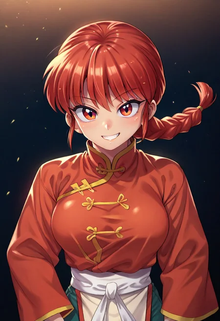 (zPDXL3), 
(zPDXLxxx), 
1girl, 
solo, 
ranma saotome, braid, red hair, single braid, braided ponytail, red eyes, medium breasts, 
pants, chinese clothes, tangzhuang, 
grin,
bust up,
front view,
looking at viewer,