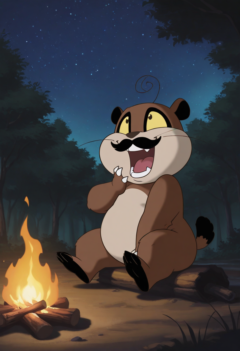 1other, animal focus, chibi, <lora:dark:1>, cowboy shot, chiaroscuro, campfire, forest, sitting, outdoors, night, starry sky, laughing, thick mustache,
BREAK
xiaozhuxiong, creature, brown body, tan belly, black ears, black feet, short tail, black-tipped tail, yellow eyes, claws, whiskers, ahoge, anime screenshot, plump,
BREAK
best quality, masterpiece, very aesthetic, absurdres, highest detailed, very awa,  <lora:Xiaozhuxiong_from_The_Legend_Of_Nezha_v1.5:1>