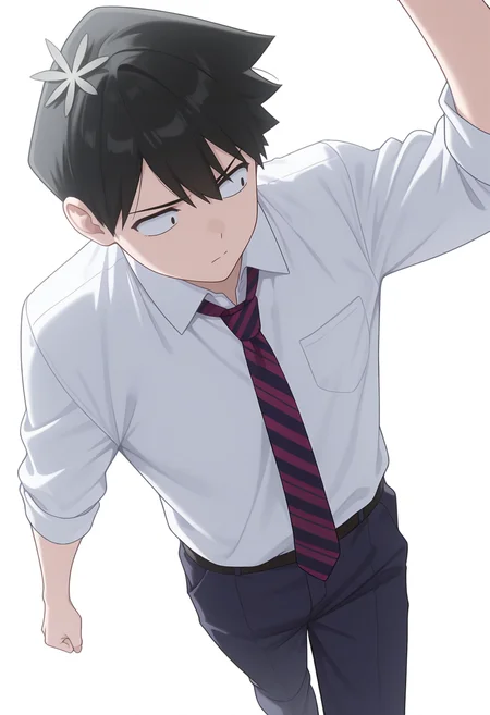 Smooth Quality,masterpiece,very intricate, high quality details, ultra realistic, high detailed skin,detailed enviorement,
simple background, white background, 
dynamic angle,pain,walking, arms swinging, relaxed shoulders, looking forward, natural movement,  ,
<lora:Tadano_Hitohito_cnn:0.8>tadanohitohitocnn, tadanocnn,1boy,black hair, short hair, black eyes, hair flower,
school uniform, white shirt,striped necktie, pants,