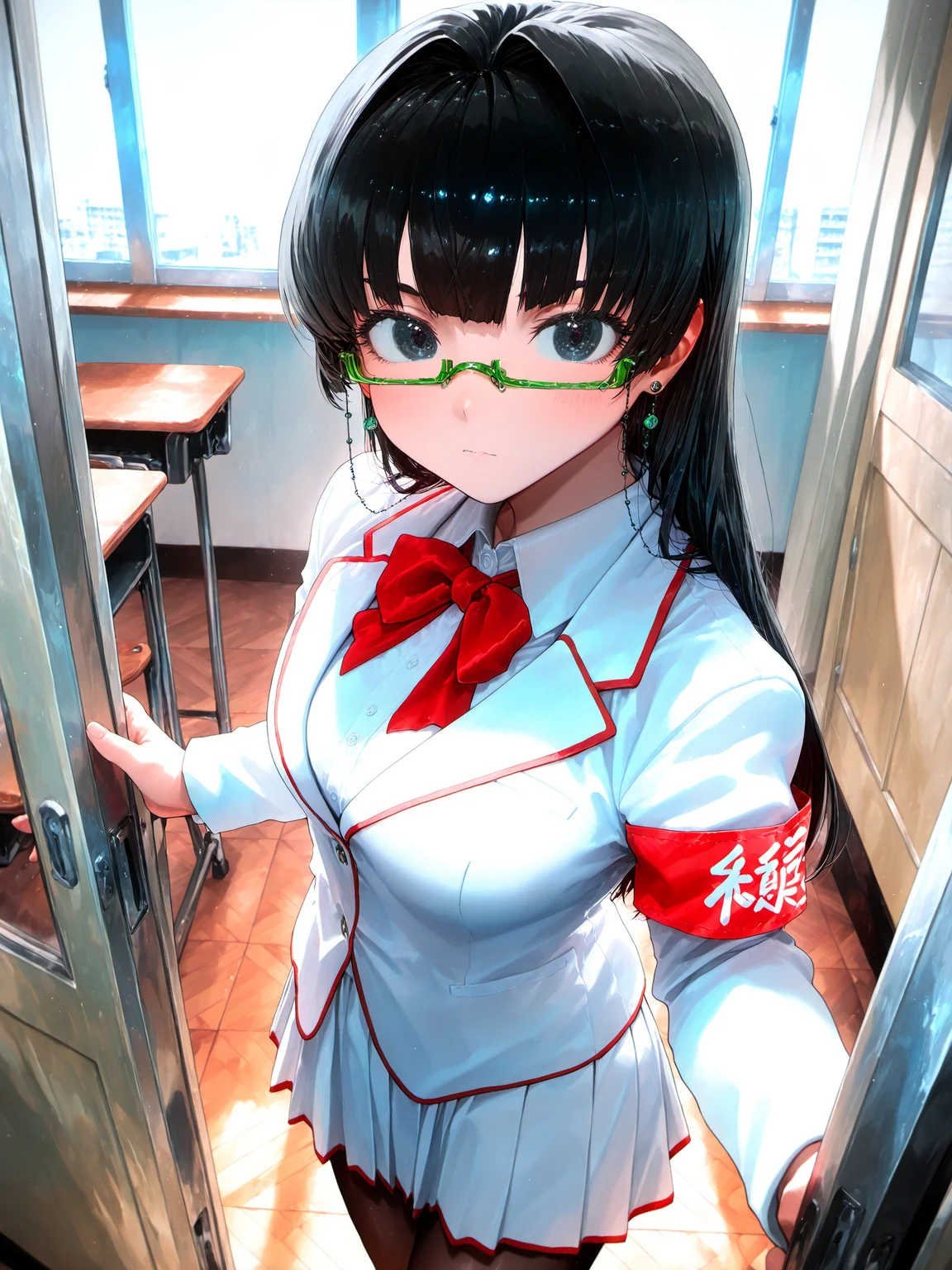 ekrea_jan, modare, mikozin, imizu \(nitro unknown\) <lora:spo_sdxl_10ep_4k-data_lora_webui:0.5><lora:cfg_scale_boost:0.9> <lora:Nyalia_-_Style:0.4>
<lora:Kuroko2XL:1> Kuroko_YS, 1girl, long hair, white school uniform, red bowtie, red armband, pleated skirt, green glasses, earrings, eyewear strap, solo, blunt bangs, black pantyhose, black hair, black eyes, medium breasts, 
masterpiece, best quality, amazing quality, very aesthetic, absurdres, newest, indoors, classroom, foreshortening, doorway, looking at viewer,