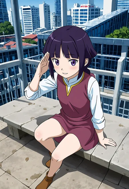 <lora:Hyper-SDXL-8steps-lora:1> <lora:Fixhands_anime_bdsqlsz_V1:1> zPDXL2, score_9, score_8_up, score_7_up, source_anime, intricate details, perfect anatomy BREAK
outdoors, city, tokyo, japan, audience, crowd, sitting, from above, salute,  thighs, Seductive, A sultry gaze, a slightly parted lips, and a hint of a smile., 1girl, solo, solo focus, 
<lora:GAGE-yurin_leciel_XL(pony)v10:1> GAGE-yurin, purple hair, long single braid, purple eyes, GAGE-yurin outfit, purple dress, white sleeves, sleeves rolled up, purple skirt, brown shoes,