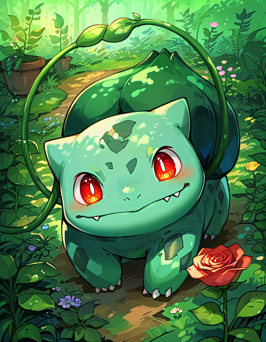 score_9, score_8_up, score_7_up, source_anime BREAK
Bu1b4s4ur, blue-green body, teal spots, claws, fangs, red eyes, white pupils, green plant bulb, pokemon \(creature\),
(looking at viewer:1.4), tentacle-like vines, vines out, facing viewer, holding rose with vines
sideview, from side
background: flower field, roses, garden, bloom, bokeh
(solo:1.6)
<lora:Bulbasaur:1>