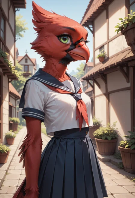 score_9, score_8_up, score_7_up, highres, high quality, perfection, masterpiece, detailed, aesthetic, well-lighted,
1girl, solo, cowboy shot,
outdoors, village, small town,
anthro, feathers, feathered body, beautiful girl, cute girl, young, youthful, beautiful face, beautiful eyes, perfect eyes, detailed eyes,
red cardinal girl, small breasts, petite green eyes,
(feather trim:1.2), school uniform, serafuku,
looking at viewer,
