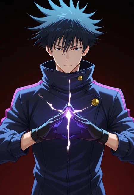 masterpiece, best quality, , anime screencap, , , , 1boy, solo, male focus, <lora:megumi_fushiguro_ilxl:0.96>, megumi_fushiguro, black hair, black eyes, spiked hair, short hair, bangs, hair between eyes, jacket, high collar, storm sanctum, glowing shields, misty corridors, thunderous halls, meditating pose, focused expression, storm-lit dusk,