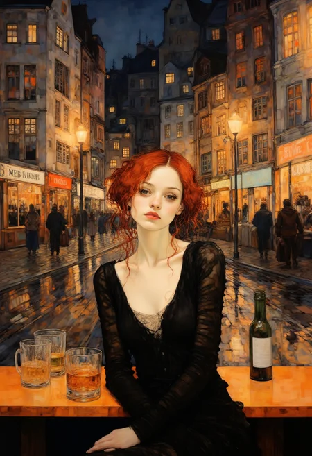 This image is a digital painting in a realistic style, depicting a young woman with fair skin and striking red hair, styled in loose, voluminous curls. She gazes directly at the viewer with a contemplative expression, her lips slightly parted. She is wearing a black, long-sleeved, sheer top that reveals a hint of a white lace bra underneath. The woman is seated at a wooden bar counter, her right hand resting on it, and her left arm draped over the edge. On the counter in front of her are two clear glasses filled with amber-colored liquid, likely a cocktail or beer, and a green bottle with a label, possibly a bottle of wine. The background features a bustling city street at night, illuminated by numerous streetlights and neon signs, casting a warm, golden glow. The street is wet, suggesting recent rain, and there are blurred silhouettes of people walking, adding a sense of movement and activity. The buildings in the background are a mix of modern and traditional architecture, with windows aglow with various colored lights. The overall mood of the painting is introspective and slightly melancholic, with a focus on the woman's introspective gaze and the lively, yet somewhat lonely urban scene outside.