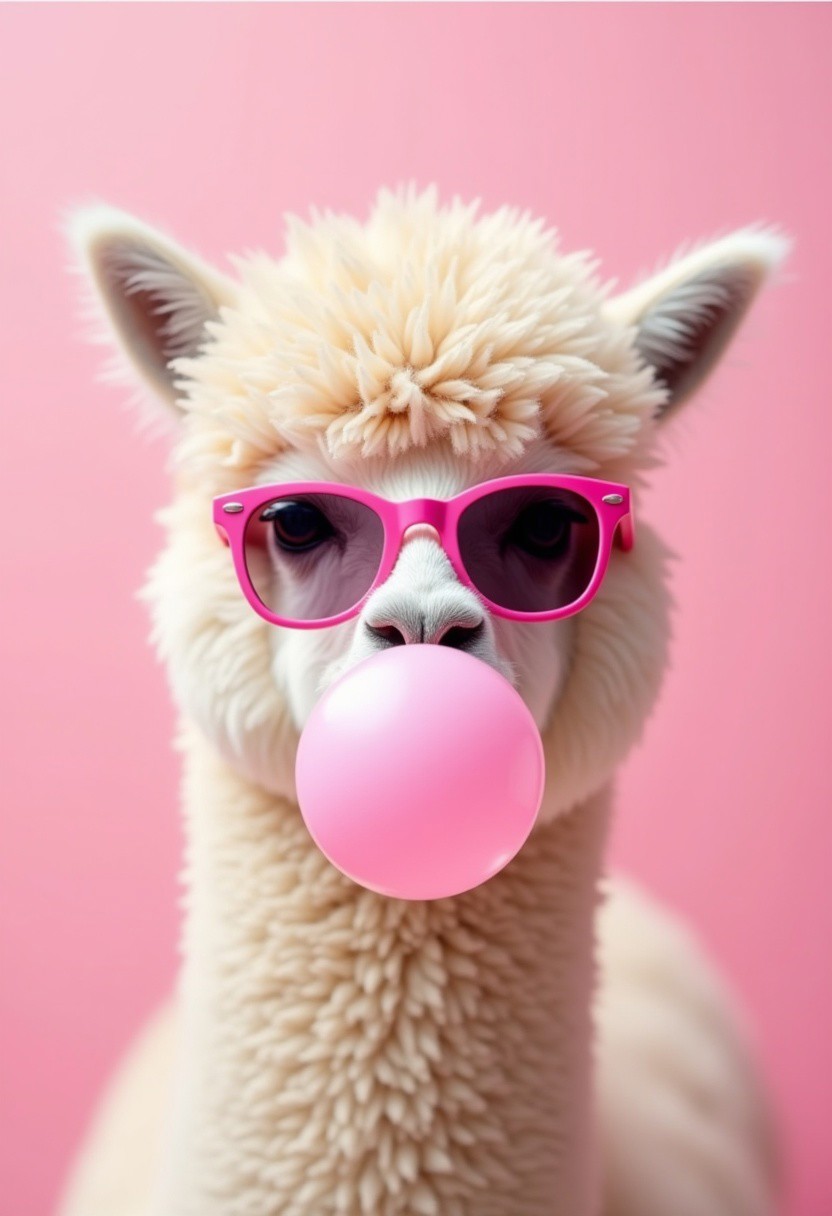 A fashionable alpaca (blowing a bubblegum bubble), its fluffy fur perfectly accented by a pair of vibrant pink sunglasses. The alpaca’s serene expression, coupled with the playful bubble and soft pink background, creates a whimsical, almost surreal vibe. The [soft texture of its fur contrasts against the smoothness of the sunglasses | bubblegum], making it an eye-catching yet relaxed visual. The pastel tones of the scene BREAK emphasize both the humor and the stylish elegance of this effortlessly cool alpaca.