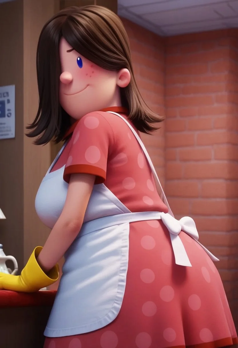edith (captain underpants), 1girl, dark brown hair, hair over one eye, hair covering one eye, dot blue eyes, freckles, blush, pink polka dot dress, short sleeves, white apron, yellow dishwashing gloves, pink mary janes, white socks, plump, curvy, Expressiveh, score_8_up, score_7_up, BREAK, 1girl, solo, looking at viewer, cute, smiling, smug, from behind, looking back, female focus, looking at viewer, detailed background, 4k, masterpiece, best quality, highly detailed, full shot, realistic, 3d,