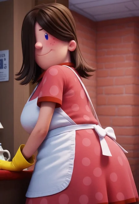 edith (captain underpants), 1girl, dark brown hair, hair over one eye, hair covering one eye, dot blue eyes, freckles, blush, pink polka dot dress, short sleeves, white apron, yellow dishwashing gloves, pink mary janes, white socks, plump, curvy, Expressiveh, score_8_up, score_7_up, BREAK, 1girl, solo, looking at viewer, cute, smiling, smug, from behind, looking back, female focus, looking at viewer, detailed background, 4k, masterpiece, best quality, highly detailed, full shot, realistic, 3d,