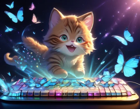 <lora:detailed_notrigger:.4>, <lora:butterflyStyle:1> ,cat chasing a butterfly projected from a glowing holographic keyboard, playful mix of tech and fun, cozy ambient scene, butterflyStyle