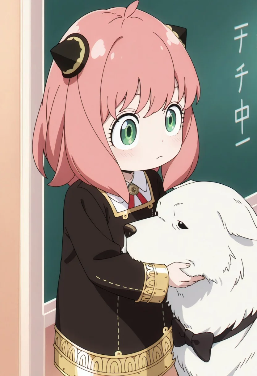 masterpiece,best quality,amazing quality, anya forger, pink hair, female child, child, green eyes, medium hair, 1girl, black bow, school uniform, dress, black dress, bow, dog, black bowtie, eden academy school uniform