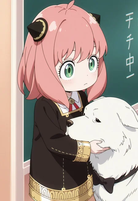 masterpiece,best quality,amazing quality, anya forger, pink hair, female child, child, green eyes, medium hair, 1girl, black bow, school uniform, dress, black dress, bow, dog, black bowtie, eden academy school uniform