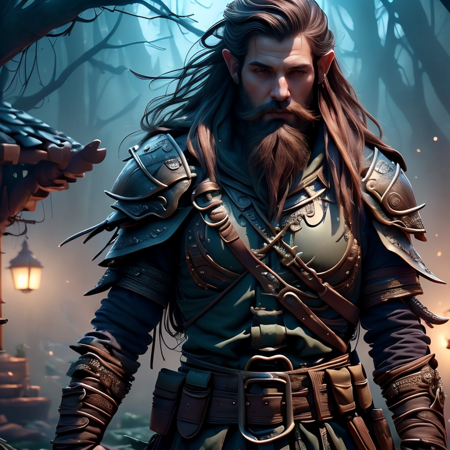 (masterpiece:1.2), (best quality,:1.2), 8k, HDR, ultra detailed, ((photorealistic)), perfect anatomy, professional light, cinematic lighting, ambient lighting, <lora:detail_slider_v4:1>, epic medieval fantasy, a (male) thief hiding in the shadows wearing a simple and dark studded leather armor, a hood and a long black leather coat, (beard), FaRo, <lora:FantasyRogues-10:1>, leather armor, belt, cloak, in a dark forest, FaFo, <lora:FantasyForest-10:0.5>,  <lora:zoom_slider_v1:1>, <lora:fantasyAI:0.6> tanjoreai, in the style of Tolkien, Middle Earth, epiCPhoto