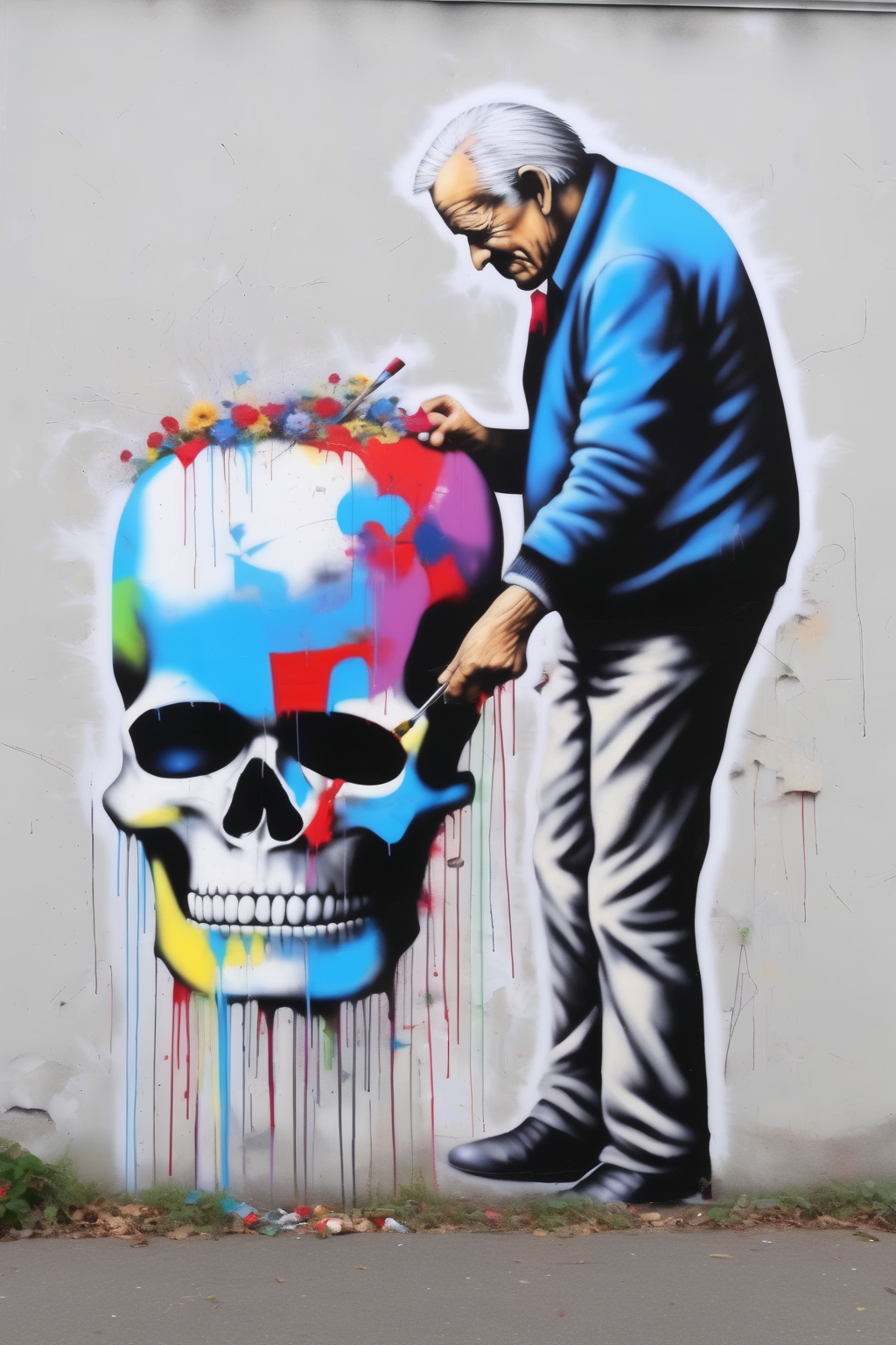 <lora:Martin Whatson Style:1>Martin Whatson Style - street art by martin whatson. elderly man painting skull