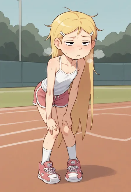score_8, score_8_up, score_7_up, score_6_up, source_cartoon, BREAK, 1girl, solo, K3lly, blonde hair, very long hair, white hairclip, black eyes,,,, petite,, , , , messy hair, , half closed eyes, heavy sweating, heavy breathing, motion lines, solo, female focus, white camisole, salmon-pink tennis shorts, sneakers, socks, athletics field, leaning forward, hands on knees,, outdoors, full body, flat chest, prefect anatomy,
