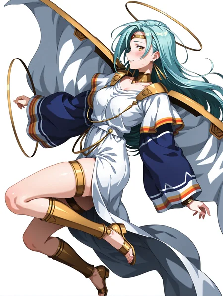 masterpiece,best quality,amazing quality,
1girl,solo,
<lora:Lushiris_ilxl_v1.0>,lushiris,halo,blue hair,yellow eyes,l_clothes,dress,jewelry,cape,
<lora:Fixhands_anime_bdsqlsz_V1:1>,light_blush,cinematic_angle,looking_at_viewer,jumping,full body,parted lips,sweatdrop,white_background,simple_background,:d,dynamic_angle,profile,