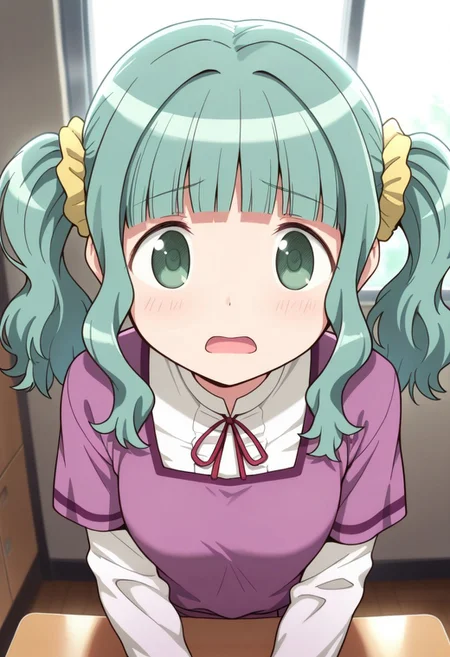 masterpiece,best quality,amazing quality, futaba sana, green hair, green eyes, twintails, layered sleeves, 1girl, short over long sleeves, shirt, yellow scrunchie, solo, school uniform, open mouth, long sleeves, purple shirt, scrunchie, neck ribbon, white shirt, blunt bangs