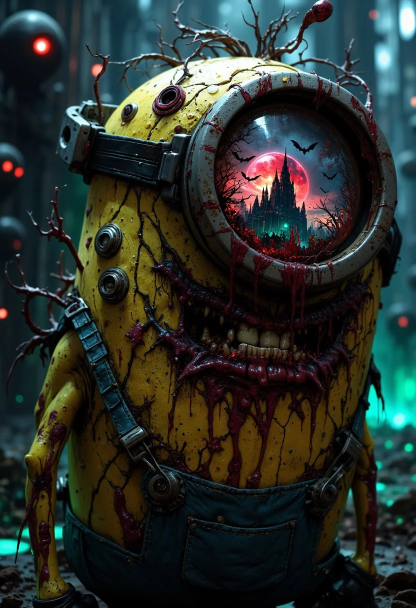A close-up of a Minion’s singular large eye, but this time, the eye is bloodshot, with eerie red and black veins creeping into the white. The reflection of a haunted castle looms within the eye, complete with bats flying in front of a blood moon. The usually bright yellow skin of the Minion is now a sickly, decayed green, with peeling patches revealing dark purple bruises underneath. Around the eye, faint cracks in the skin ooze glowing green slime. A dark shadow passes over the top of the eye, as if something evil is watching. The background is filled with thick, dark fog and floating, disembodied eyes that glow faintly in the mist. This concept gives the playful Minion a spooky, undead transformation for Halloween