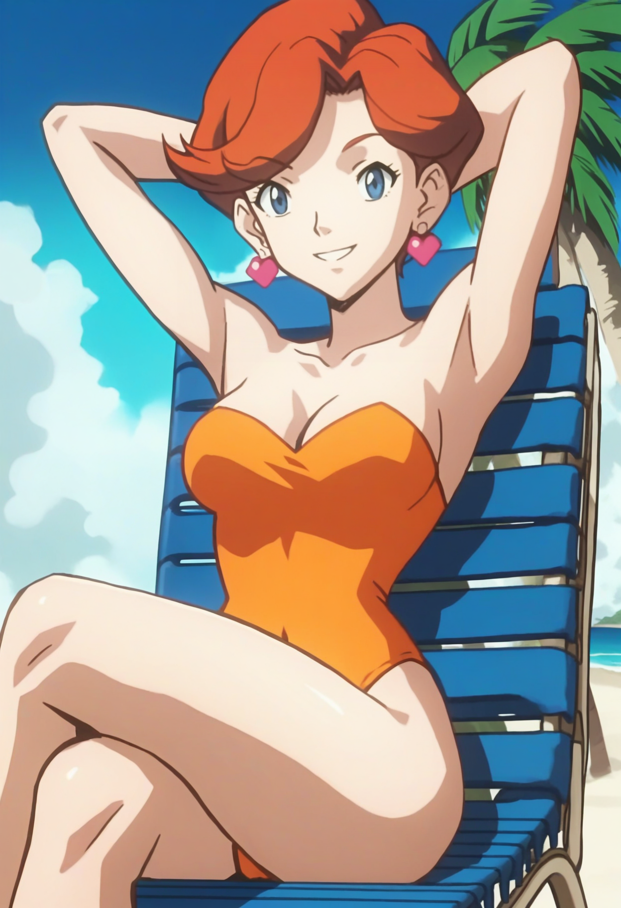 score_9, score_8_up, score_7_up, score_6_up, anime screencap, anime coloring, <lora:PMGC:0.8>, PMGC4, orange hair, short hair, swept bangs, blue eyes, red earrings,
one-piece swimsuit, cleavage, strapless, orange leotard,
looking at viewer, smile, crossed legs, sitting, lounge chair, arms behind head, 
BREAK, beach, sunlight, palm tree, blue sky,