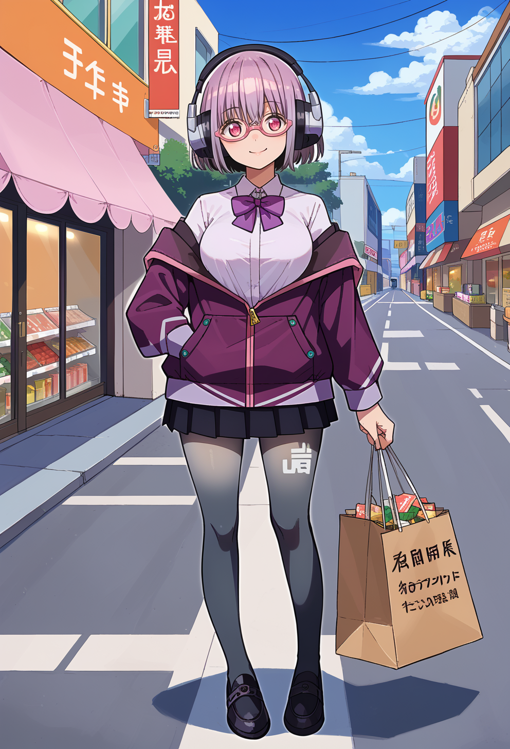score_9, score_7_up, BREAK <lora:AEAkane (2):0.9> AEAkaneDef, pink eyes, short hair, dress shirt, purple jacket, off shoulder, open jacket, black skirt, pleated skirt, purple bowtie, gradient pantyhose, grey pantyhose, black pantyhose, shoes, black footwear,|| pink-framed eyewear, semi-rimless eyewear, headphones, smile, outdoors, hand in pocket, holding shopping bag,