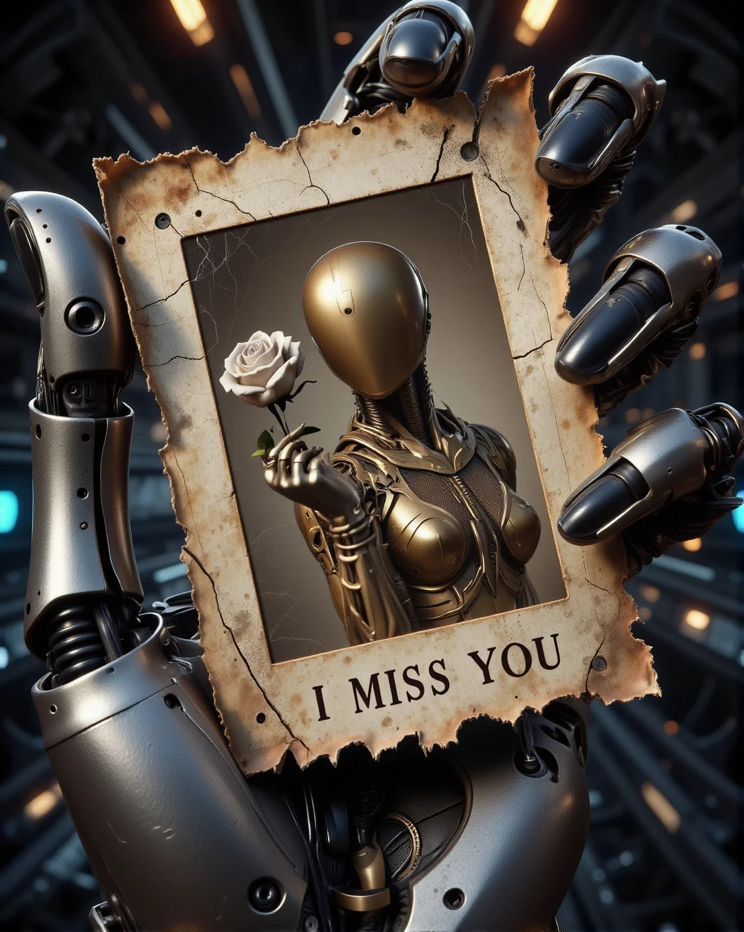 score_9, score_8_up, score_7_up, source_realistic, hyper-realistic details, ultra-HD textures, high quality v3, Fantasy detailers
One Meka robotic hand square rubber matte plastic fingers, with visible cybernetic joints, carefully holding a vintage, eroded photography . The aged photo features a steampunk cyborg bald ((female faceless mannequin)), elegantly posed in a bygone era, with intricate brass and copper accents, exposed gears, and delicate engravings running along its mechanical limbs, holding a rose. The futuristic modern cyber text "I MISS YOU" is subtly printed across the faded image, its rough pixels blending into the worn, weathered surface of the photo.
- The spaceship background is dimly lit and out of focus, emphasizing the photograph as the central focal points.
- The photo’s edges are frayed and discolored, showing signs of time, while faint creases and scratches add realism.
- A soft, nostalgic glow highlights the metallic sheen of the fingers, creating a contrast between the futuristic robotic form and the aged memory they hold.
- A poignant blend of technology and longing, capturing the emotional weight of a lost past.
- Hyper-detailed textures on the eroded photograph and mechanical fingers enhance realism.
- Cinematic lighting and subtle depth of field add drama, reinforcing the theme of memory and nostalgia.