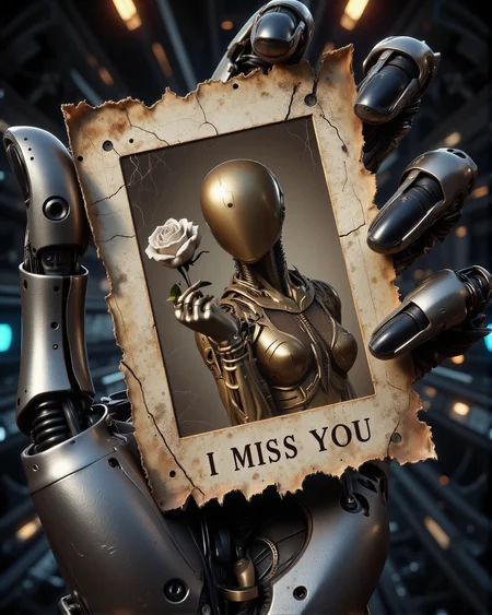 score_9, score_8_up, score_7_up, source_realistic, hyper-realistic details, ultra-HD textures, high quality v3, Fantasy detailers
One Meka robotic hand square rubber matte plastic fingers, with visible cybernetic joints, carefully holding a vintage, eroded photography . The aged photo features a steampunk cyborg bald ((female faceless mannequin)), elegantly posed in a bygone era, with intricate brass and copper accents, exposed gears, and delicate engravings running along its mechanical limbs, holding a rose. The futuristic modern cyber text "I MISS YOU" is subtly printed across the faded image, its rough pixels blending into the worn, weathered surface of the photo.
- The spaceship background is dimly lit and out of focus, emphasizing the photograph as the central focal points.
- The photo’s edges are frayed and discolored, showing signs of time, while faint creases and scratches add realism.
- A soft, nostalgic glow highlights the metallic sheen of the fingers, creating a contrast between the futuristic robotic form and the aged memory they hold.
- A poignant blend of technology and longing, capturing the emotional weight of a lost past.
- Hyper-detailed textures on the eroded photograph and mechanical fingers enhance realism.
- Cinematic lighting and subtle depth of field add drama, reinforcing the theme of memory and nostalgia.