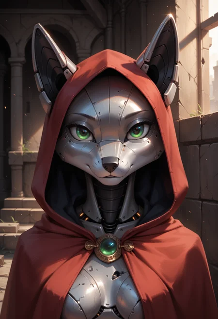 score_9, score_8_up, score_7_up, source_furry, high quality, perfection, detailed, aesthetic, well-lighted,
abandoned, ruins, shattered,
1girl, solo,
anthro, metallic body, beautiful girl, cute girl, adult, youthful, beautiful face, beautiful eyes, perfect eyes, detailed eyes,
(robot fox:1.2), green eyes, (no hair, hairless, bald),
red cloak, hooded cloak,