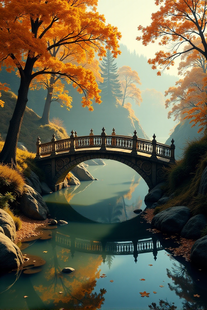 Imagine an enchanting autumnal tableau where an antique wooden bridge stretches elegantly across a river wreathed in morning mist, its tranquil waters mirroring the vibrant golds of the surrounding foliage. The bridge's ornate carvings evoke the fluidity and organic motifs characteristic of Art Nouveau, while sunlight filtering through the canopy above casts dappled shadows upon its weathered surface. From an aerial vantage point akin to that of a hovering dragonfly, this serene landscape oscillates between peaceful serenity and beguiling intrigue, beckoning the observer to embark on a whimsical journey into a realm where nature's beauty intertwines seamlessly with artistic mastery.âââ