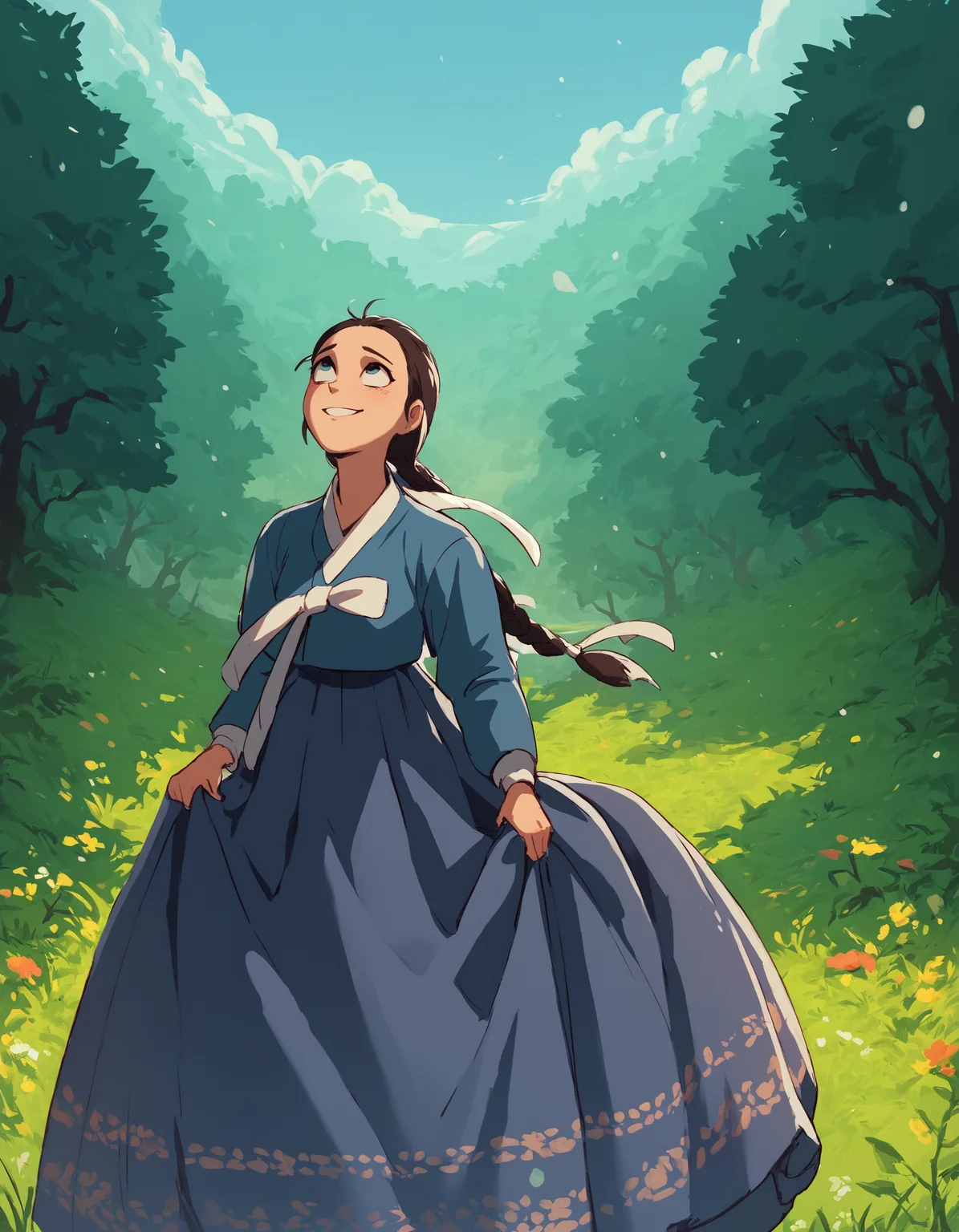 score_9, score_8_up, score_7_up, score_6_up, score_9, score_8_up, score_7_up, score_6_up, gh1bl1, 1girl looking up, happy, blue hanbok, white ribbon, black skirt, patterned skirt, long hair, braid, floral pattern, skirt hold, outside, blue sky, trees, rolling hills, very clear image, detailed face, detailed character design, ultra-high resolution, perfectly composed, clear, breathtaking attention to detail, highres, ultra detail, 8k wallpaper,