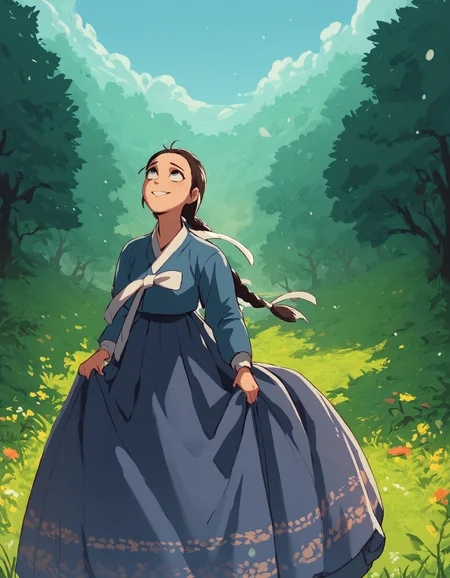 score_9, score_8_up, score_7_up, score_6_up, score_9, score_8_up, score_7_up, score_6_up, gh1bl1, 1girl looking up, happy, blue hanbok, white ribbon, black skirt, patterned skirt, long hair, braid, floral pattern, skirt hold, outside, blue sky, trees, rolling hills, very clear image, detailed face, detailed character design, ultra-high resolution, perfectly composed, clear, breathtaking attention to detail, highres, ultra detail, 8k wallpaper,