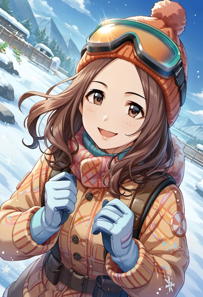 score_9, score_8_up, score_7_up, source_anime, sawada marina, brown hair, brown eyes, long hair, 1girl, goggles, snow, gloves, hat, solo, goggles on head, beanie, smile, winter clothes, looking at viewer, open mouth