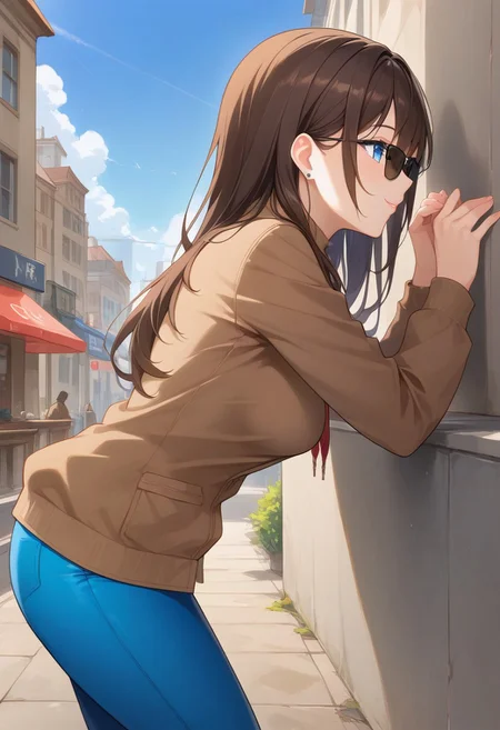 Masterpiece, High quality, OC, Female Adult woman, 1girl, solo, long dark brown hair with front section brushed to the right side, shoulder-length bangs, rest of hair hanging straight down, blue eyes, black sunglasses, medium breasts, skinny build, brown jacket, light brown shirt, steel blue pants, walking throw the streets, side view