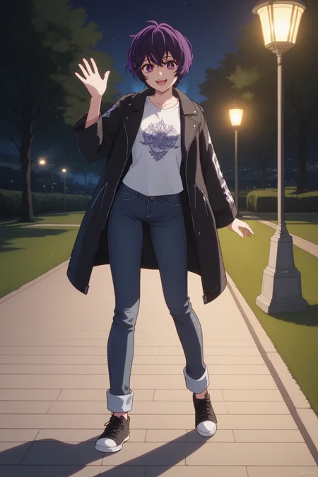 sscore_9, score_8_up, score_7_up, source_anime, 1girl, prefect lighting, very aesthetic, intricate details, highly detailed background, masterpiece, high quality, prefect hands, best quality, solo,
<lora:Abiko_Samejima_Oshi_No_Ko_V1:.85>, KJOabiko, purple hair, purple eyes, slit pupils, short hair,
jeans, black sneakers, white print t-shirt, black fur coat, open jacket,
waving, smile, open mouth,
night, park, trees, street lamps, grass,
(Beautiful, small Breasts:1.2), natural breasts,