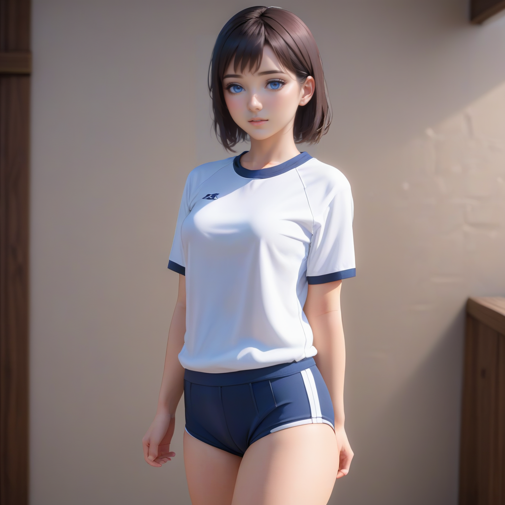 masterpiece, high quality, hi res, 1girl, standing, posing, pose, gym outfit, gym uniform, BurumaShorts, buruma,  <lora:BurumaShorts:0.6>, full body, shirt, view from side, blue eyes, realistic