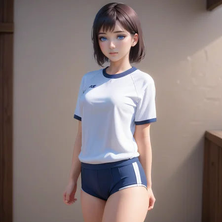 masterpiece, high quality, hi res, 1girl, standing, posing, pose, gym outfit, gym uniform, BurumaShorts, buruma,  <lora:BurumaShorts:0.6>, full body, shirt, view from side, blue eyes, realistic