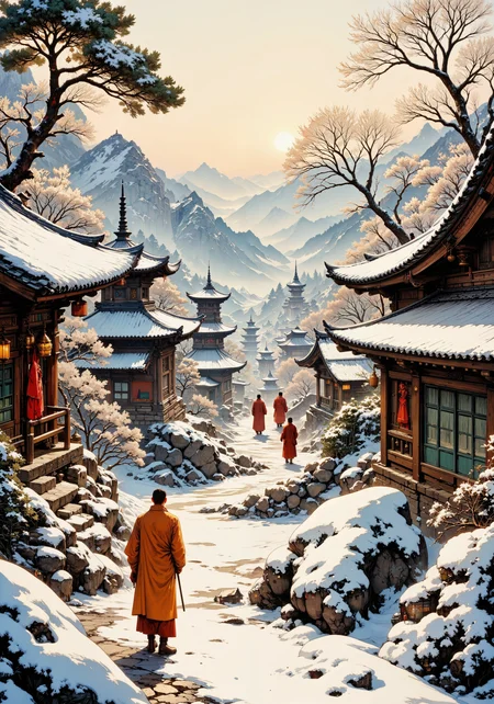 Traditional Korean winter landscape in the style of Minhwa folk art. The scene depicts a mountain Buddhist temple complex nestled among snow-covered pine trees, each branch delicately outlined with black ink and highlighted with white hanji paper texture. Monks in saffron robes traverse stone pathways between meditation halls and pagodas, creating tiny splashes of warm color against the cool winter palette. Bronze temple bells hung with red silk ribbons, their surfaces reflecting golden afternoon light. Snow-dusted tile roofs with dancheong colored eaves exhibit traditional patterns in faded blue, red, and green. Distant mountains rendered in traditional sumuk ink wash technique, varying gray tones creating depth through layers of mist. Intricate details of temple architecture, prayer lanterns glowing softly against approaching evening. Masterpiece quality, authentic representation of Korean winter spirituality, balanced negative space with focused detail. <lora:Vintage comic book:0.6> <lora:FluxMythG0thicL1nes:0.8> <lora:boFLUX Double Exposure Magic v2:0.6> <lora:Anime realistic V2:0.4> <lora:Illustration_Style_IV:0.3> <lora:flux_dev:1>