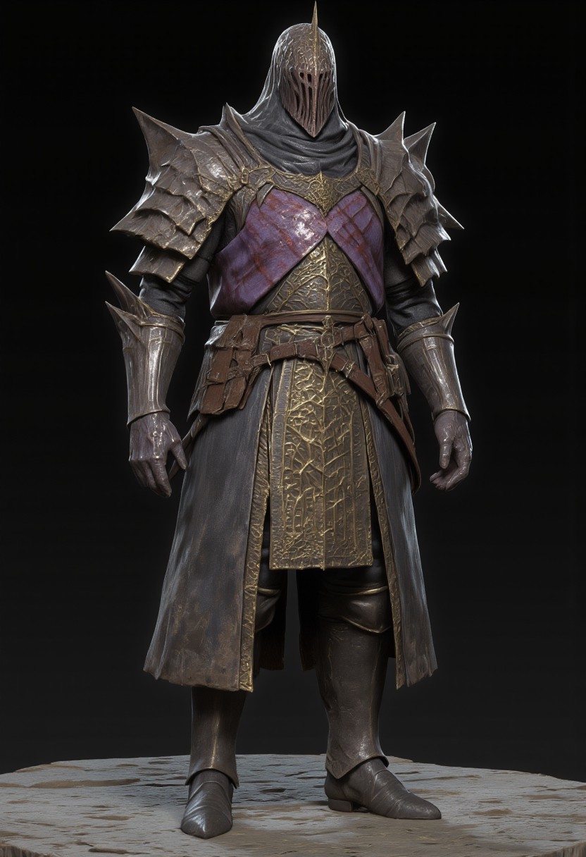 A warrior wearing buckly  distinctive brutalist forms armor crafted from mithril - The armor showcases the characteristic iridescent patterns and vibrant colors of mithril , with deep dark purple and earthy gray creating natural striped patterns across the chest piece and leg guards. Heavy pauldrons and a Norman helmet with thick neck guard provide additional protection, while the overall silhouette remains 
 imposing. The armor is complemented by mithril pants and brutalist imposing heavy boots at the base. 
Standing on a flat gray ground and black background, the camera angle is high rotated at a 45 degree angle Set against a solid dark black color background to emphasize its unnatural form that emphasizes its silhouette. The medium is not a traditional painting or illustrative medium like watercolor or ink but rather a digital 3D rendering. 
MikeFranchinastyle, bbstyle,, horror theme,, ZBClay model of a gray sculpture, zbrush, d4arks0uls, overcast lighting
