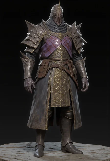 A warrior wearing buckly distinctive brutalist forms armor crafted from mithril - The armor showcases the characteristic iridescent patterns and vibrant colors of mithril , with deep dark purple and earthy gray creating natural striped patterns across the chest piece and leg guards. Heavy pauldrons and a Norman helmet with thick neck guard provide additional protection, while the overall silhouette remains
imposing. The armor is complemented by mithril pants and brutalist imposing heavy boots at the base.
Standing on a flat gray ground and black background, the camera angle is high rotated at a 45 degree angle Set against a solid dark black color background to emphasize its unnatural form that emphasizes its silhouette. The medium is not a traditional painting or illustrative medium like watercolor or ink but rather a digital 3D rendering.
MikeFranchinastyle, bbstyle,, horror theme,, ZBClay model of a gray sculpture, zbrush, d4arks0uls, overcast lighting